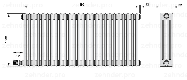 Схема (чертеж) Радиатор Zehnder Charleston 4100/26 №V004 Белый глянцевый RAL 9016